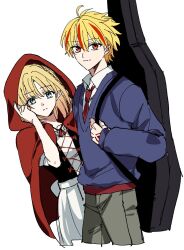  1boy 1girl ahoge blonde_hair blue_eyes braid cloak collared_shirt command_spell commentary_request cropped_legs dress fate/strange_fake fate_(series) glasses guitar_case highres hood hood_up hooded_cloak instrument_case korean_commentary looking_at_viewer medium_hair multicolored_hair necktie pants pointy_ears red_eyes red_hood red_streaks richard_i_(fate) rotomem sajou_ayaka_(fate/strange_fake) shirt side_braid simple_background spoilers streaked_hair sweater white_background 