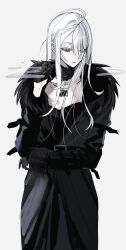  1girl 7u747u7 absurdres black_coat black_collar black_dress black_gloves cigar coat collar collarbone dress fur-trimmed_coat fur_trim gloves half_gloves highres original smoking solo violet_eyes white_background white_hair 