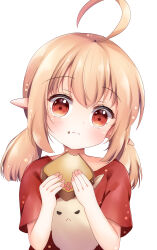  1girl absurdres ahoge alternate_costume blonde_hair blush bread bread_slice closed_mouth commentary dodoco_(genshin_impact) fingernails food food_on_face frown genshin_impact grandapple71 hair_between_eyes hands_up highres holding_bread klee_(genshin_impact) long_hair looking_at_viewer pointy_ears red_eyes red_shirt shirt short_sleeves sidelocks simple_background solo toast upper_body white_background 