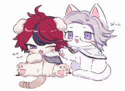  2boys ahoge animal_with_hair animalization aotsuki_eito black_streaks blue_eyes cape cat chibi chibi_only commentary_request glasses grey_cape grey_hair hirabi licking_paw male_focus multicolored_hair multiple_boys red_hair semi-rimless_eyewear short_hair streaked_hair sumino_takumi the_hundred_line_-last_defense_academy- two-tone_hair violet_eyes white_cape 
