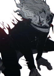  1boy absurdres alternate_form commentary_request dandadan facial_mark glasses highres looking_at_viewer male_focus mask mouth_mask ni_(x_no_no_x) parted_bangs red_aura red_eyes round_eyewear short_hair simple_background solo squatting takakura_ken_(dandadan) takakura_ken_(transformed)_(dandadan) tall_hair transformation white_background white_hair 