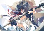  1boy black_hair cape covered_mouth fingerless_gloves gloves holding holding_weapon looking_at_viewer mahoutsukai_no_yakusoku male_focus naruta_iyo red_eyes shino_sherwood short_hair short_sleeves solo sword weapon white_background 