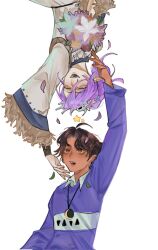  2girls amity_blight bouquet brown_eyes brown_hair commentary corrupted_twitter_file crescent crescent_necklace dark-skinned_female dark_skin dionsur dress english_commentary highres jewelry luz_noceda multiple_girls necklace ponytail purple_hair purple_sweater short_hair star_(symbol) sweater the_owl_house valentine white_dress yellow_eyes 