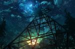  abisswalker8 clouds commentary dawn full_moon highres moon night night_sky no_humans original outdoors scenery sky star_(sky) starry_sky sun sunlight transmission_tower tree 