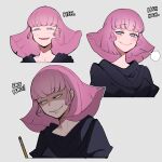  1girl anya&#039;s_heh_face_(meme) black_sweater blue_eyes collarbone grey_background gundam hair_behind_ear haman_karn kyou_(ningiou) looking_to_the_side medium_hair meme multiple_views open_mouth parody pink_hair smile spy_x_family sweater zeta_gundam 