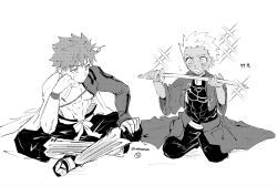  2boys abs aged_down archer_(fate) armor artist_name baggy_pants belt bishie_sparkle blush bow cape child clenched_hand closed_mouth commentary dark-skinned_male dark_skin emiya_shirou fate/grand_order fate/stay_night fate_(series) flower_knot full_body greyscale hair_between_eyes hand_on_own_face hand_on_own_knee hand_up hands_up highres holding holding_sword holding_weapon igote jacket japanese_armor jewelry katana kote kurokote long_sleeves looking_at_another looking_at_object looking_down male_focus monochrome multiple_boys muscular muscular_male neck_ring nedameman open_clothes open_jacket open_mouth pants pectorals sandals senji_muramasa_(fate) shirt short_hair simple_background sitting spiky_hair sword tassel untranslatable_commentary wariza weapon wide_sleeves wristband 
