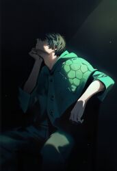  1boy arm_rest black_hair black_pants capelet closed_eyes closed_mouth commentary english_commentary feet_out_of_frame from_side green_capelet green_hoodie hand_on_own_chin highres hood hoodie male_focus pants personification randomailewds resting short_hair short_sleeves sitting solo vedal987 vedal_ai virtual_youtuber 