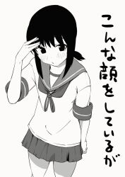  1girl bad_id bad_twitter_id blush cowboy_shot fubuki_(kancolle) greyscale hair_between_eyes highres kantai_collection looking_at_viewer low_ponytail medium_hair miniskirt monochrome neckerchief pleated_skirt ponytail sailor_collar sakiecho salute school_uniform serafuku short_sleeves sidelocks simple_background sketch skirt solo standing thighs translation_request 