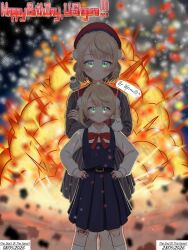  2girls animal_on_head animal_on_shoulder bandaid beret bird bird_on_head bird_on_shoulder blonde_hair blush closed_mouth english_commentary english_text explosion fire glowing glowing_eyes green_eyes hat highres ibispaint_(medium) jacket long_sleeves looking_at_viewer multiple_girls on_head original pleated_skirt school_uniform serafuku shigure_ui_(vtuber) shigure_ui_(young)_(vtuber) short_hair skirt smile smoke virtual_youtuber wyverndx8 