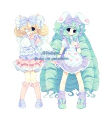  2000s_(style) 2girls :3 :d \||/ animal_ears animal_slippers apron arm_at_side back-to-back bag bare_arms bare_legs bell blonde_hair blue_apron blue_bow blue_eyes blue_shoes blush bow bunny_slippers buttons center-flap_bangs closed_mouth collared_shirt commentary commission crossed_bangs cutesu_(character) double-breasted double-parted_bangs double_bun drill_hair english_commentary english_text eyepatch eyes_visible_through_hair fake_animal_ears faux_retro_artstyle flat_chest footwear_bow frilled_apron frilled_bow frilled_skirt frilled_sleeves frilled_socks frilled_wrist_cuffs frills full_body green_slippers hair_bell hair_bow hair_bun hair_flaps hair_ornament hand_on_own_chest hand_up hands_up heart heart_print highres jelly_(bonnybel) kneehighs knees_together_feet_apart lace-trimmed_skirt lace_trim legs_apart loafers long_hair long_sidelocks long_sleeves looking_at_viewer loose_socks medical_eyepatch miniskirt miruku_(cutesu) multiple_girls one_eye_covered open_mouth original pigeon-toed pink_bow pink_shirt pink_skirt pink_socks puffy_long_sleeves puffy_short_sleeves puffy_sleeves purple_bow purple_skirt purple_socks rabbit_ears raised_eyebrows shirt shoes short_hair short_sleeves shoulder_bag sidelocks simple_background single_eyebrow skirt sleeve_bow sleeves_past_fingers sleeves_past_wrists slippers smile socks standing striped_bow twitter_username two-tone_bow very_long_hair waist_apron white_apron white_background white_bag white_bow white_shirt wrist_cuffs 