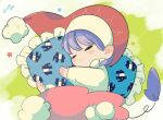  1girl bangs blanket blue_hair blush chibi closed_mouth commentary doremy_sweet facing_viewer frilled_pillow frills hat long_sleeves nightcap object_hug pillow pillow_hug pom_pom_(clothes) red_headwear rune066 shirt short_hair sleeping solo star_(symbol) tail tapir_print touhou twitter_username upper_body white_shirt 