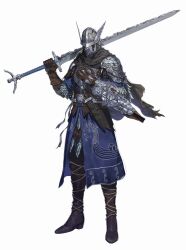  absurdres arm_cannon arm_mounted_weapon armor belt_buckle bite_addict black_scarf blue_coat breastplate buckle cape chipped_sword chipped_weapon coat commentary_request dagger greatsword helmet highres holding holding_weapon knife ornate_armor ornate_clothes over_shoulder pauldrons rope_legwear scale_armor scarf shoulder_armor sword sword_over_shoulder two-handed_sword weapon weapon_over_shoulder winged_helmet wylder_(elden_ring) 