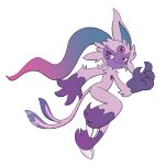  1girl animal_ears animal_feet animal_hands animal_nose body_fur chest_jewel claws closed_mouth commentary english_commentary espeon fang fang_out flat_chest flat_color forehead_jewel forked_tail full_body furry furry_female fusion gem hand_up happy leg_up looking_back outline pokemon pokemon_(creature) purple_fur red_gemstone running smile sneasler solo standing standing_on_one_leg tabbz tail transparent_background two-tone_fur violet_eyes watermark white_outline 
