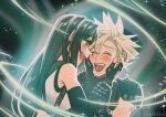  1boy 1girl armor bare_shoulders black_hair blonde_hair blush cloud_strife crop_top crying crying_with_eyes_open detached_sleeves earrings final_fantasy final_fantasy_vii final_fantasy_vii_remake fingerless_gloves gloves hands_on_another&#039;s_face happy_tears highres jewelry long_hair looking_at_another open_mouth seilidare shoulder_armor sleeveless sleeveless_turtleneck spiky_hair suspenders sweater tank_top tears tifa_lockhart turtleneck turtleneck_sweater upper_body white_tank_top 