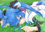  1girl animal_ears black_ribbon blue_eyes blue_hair clenched_teeth commentary_request day drawstring grass hair_ribbon heterochromia horse_ears horse_girl horse_tail jacket long_hair long_sleeves lying miri_(ago550421) multicolored_hair on_grass on_stomach outdoors puffy_long_sleeves puffy_sleeves ribbon sharp_teeth solo sweat tail tears teeth twin_turbo_(umamusume) twintails two-tone_hair umamusume very_long_hair violet_eyes white_jacket 