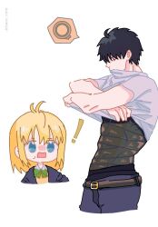  ! 1boy 1girl abs ahoge antenna_hair arcueid_brunestud belt black_hair blonde_hair blue_eyes blue_pants bow clothes_lift duct_tape edeerirene green_bow hair_intakes jacket male_focus messy_hair pants red_eyes role_reversal school_uniform shirt shirt_lift short_hair souya_high_school_uniform surprised sweat tape tohno_shiki tsukihime tsukihime_(remake) vampire vest white_shirt yellow_vest 
