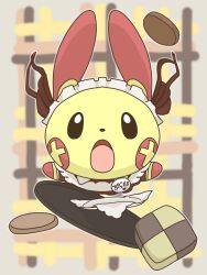  apron cookie food highres maid maid_apron maid_day maid_headdress name_tag open_mouth plusle pokemon pokemon_(creature) stream_yy tray tripping 