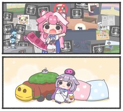  2girls absurdres animal_ears black_tube_top blonde_hair capelet cat_(minecraft) chattino_(raora_panthera) chest_jewel chicken_(minecraft) commentary cucumber english_commentary enigmatic_recollection fang grey_hair highres hololive hololive_english horns koseki_bijou long_hair meme minecraft mpien multicolored_hair multiple_girls open_mouth panther_ears panther_girl panther_tail pants pebble_(koseki_bijou) pink_hair raora_panthera raora_panthera_(1st_costume) sheep sheep_girl sheep_horns sniffer_(minecraft) strapless tail tsunomaki_watame tube_top vest virtual_youtuber white_capelet white_hair white_pants white_vest 