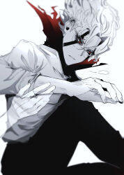  1boy absurdres black_pants collar commentary_request dandadan disembodied_hand facial_mark highres looking_down male_focus mystical_high_collar ni_(x_no_no_x) pants parted_lips red_collar red_eyes round_eyewear shirt short_hair simple_background sleeve_rolled_up solo_focus takakura_ken_(dandadan) takakura_ken_(transformed)_(dandadan) tall_hair white_background white_shirt 