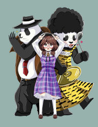  1boy 2girls absurdres afro animal_print belt black_belt black_hair black_hat black_pants black_ribbon blush bow bow_legwear brown_eyes brown_hair brown_jacket brown_shoes buttons check_commentary claws closed_mouth commentary_request facial_hair grey_background hat hat_bow heart highres holding holding_ladle huge_afro jacket kuronon ladle leg_up lipstick long_sleeves makeup multiple_girls mustache neck_ribbon necktie open_mouth panda pants parody plaid_clothes plaid_skirt plaid_vest quimbaya_airplane red_necktie ribbon shoes skirt socks sparkle spy_x_family standing tie_clip tiger_print touhou translation_request twintails usami_sumireko vest white_bow white_socks 