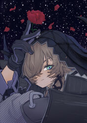  1girl arknights blue_jacket brown_hair cabage922 cow_girl cow_horns flower flower_on_head green_eyes hair_over_one_eye highres horns jacket pallas_(arknights) petals rose rose_petals sky solo star_(sky) starry_sky v 