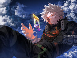  1boy absurdres all_might bakugou_katsuki battle_damage bh20647 black_pants black_shirt blonde_hair blood blood_on_face blue_sky bodysuit boku_no_hero_academia card clouds cloudy_sky commentary_request green_bodysuit highres male_focus outdoors pants red_eyes revision shirt short_hair sky smile solo spiky_hair superhero_costume 