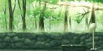  absurdres artist_name bus_stop bush dappled_sunlight day forest grass h_yuusui highres leaf light light_rays nature no_humans original outdoors road scenery signature stone stone_wall sunlight tree wall 