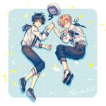  2boys black_hair blonde_hair capri_pants closed_eyes closed_mouth facing_another full_body hat heathcliff_blanchett lying mahoutsukai_no_yakusoku male_focus matching_outfit multiple_boys naruta_iyo open_mouth pants sailor_collar sailor_shirt shino_sherwood shirt shoes short_hair sleeping 