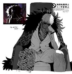  1boy armchair bowl_cut buttons chain chair coat coat_on_shoulders elbow_on_knee feet_out_of_frame fur-trimmed_coat fur_trim game_screenshot_inset greyscale grin hand_on_own_cheek hand_on_own_face hand_up head_rest highres jacket limbus_company long_sleeves looking_at_viewer low_neckline male_focus matthias_(project_moon) monochrome on_chair pants pectorals pnduyr project_moon scar scar_on_chest screenshot_inset simple_background sitting smile solo suit suit_jacket suit_pants sunglasses teeth translation_request twitter_username watermark white_background white_hair white_jacket white_pants white_suit 