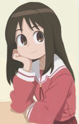  1girl azumanga_daioh azumanga_daioh's_school_uniform black_hair brown_eyes commentary deli_mage english_commentary hand_on_own_chin highres jacket kasuga_ayumu long_hair looking_at_viewer making-of_available pink_jacket red_skirt school_uniform sitting skirt smile solo 