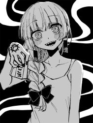  1girl absurdres anpan_sora blush bocchi_the_rock! braid commentary_request dress earrings flat_chest greyscale hand_tattoo highres hiroi_kikuri jewelry long_hair monochrome ofuda_earrings open_mouth ringed_eyes sharp_teeth sketch smile solo staring tattoo teeth upper_body 