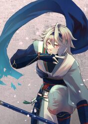  1boy blue_headband blue_sash commentary_request fingerless_gloves fire_emblem fire_emblem_fates fire_emblem_heroes gloves grey_background grey_hair grey_kimono headband japanese_clothes kimono looking_at_viewer male_corrin_(fire_emblem) male_corrin_(ninja)_(fire_emblem) male_focus ninja official_alternate_costume red_eyes riou_(pooh920) sash shuriken solo weapon 