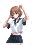  1girl arm_up bangs bare_arms black_ribbon black_sailor_collar black_skirt brown_eyes brown_hair character_request closed_mouth collared_shirt dated faker_ktd hair_between_eyes highres midriff navel neck_ribbon pleated_skirt ribbon sailor_collar sailor_shirt shiny shiny_hair shirt short_hair short_sleeves sketch skirt smile solo stomach straight_hair white_background white_shirt 