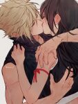  1boy 1girl arm_ribbon bare_shoulders black_hair blonde_hair blush closed_eyes cloud_strife couple crop_top ear_blush earrings final_fantasy final_fantasy_vii final_fantasy_vii_advent_children high_collar highres hug jewelry kiss long_hair maiii_(smaii_i) ribbon simple_background sleeveless spiky_hair tifa_lockhart twitter_username upper_body 