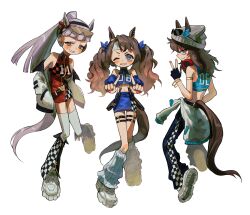  3girls absurdres alternate_costume animal_ears arm_at_side armlet arms_at_sides bare_shoulders beanie black_gloves blue_eyes blush bracelet brown_hair chibi chibi_only closed_mouth clothes_around_waist detached_sleeves dress earphones earphones_around_neck ears_through_headwear eyewear_on_head eyewear_on_headwear fingerless_gloves fingernails full_body g0ldmonk gloves gold_ship_(umamusume) grey_hair grey_hat grin hairband hand_in_pocket hand_up hat headband high_ponytail highres horse_ears horse_girl horse_tail index_finger_raised jacket jacket_around_waist jewelry leg_warmers long_hair long_sleeves looking_at_viewer microskirt multiple_girls nakayama_festa_(umamusume) one_eye_closed open_clothes open_jacket pants parted_lips pink_eyes pocket ponytail racequeen shirt shoes short_dress simple_background skirt sleeveless sleeveless_dress sleeveless_shirt smile sneakers sunglasses tail tail_through_clothes thigh-highs thigh_strap tosen_jordan_(umamusume) twintails umamusume v very_long_hair white_background 