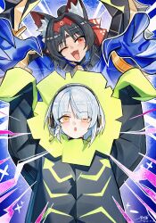  2girls absurdres anby_demara animal_ear_fluff asymmetrical_bangs bell black_coat black_hair blue_background blue_coat blunt_bangs braid coat commentary dated fangs forehead_tattoo hairband headphones highres incoming_throw looking_at_viewer multiple_girls neck_bell nekomiya_mana notice_lines open_mouth orange_eyes red_eyes red_hairband short_hair signature single_braided_sidelock tattoo throwing throwing_person white_hair yisjhui zenless_zone_zero 