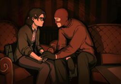  1boy 1girl absurdres balaclava black-framed_eyewear black_hair black_jacket black_pants chair closed_mouth eye_contact face-to-face glasses highres indoors jacket long_sleeves looking_at_another mask miss_pauling oblique-lane on_chair pants red_mask red_spy_(tf2) red_sweater short_hair sitting spy_(tf2) sweater team_fortress_2 