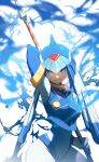 1girl absurdres android armpits blue_eyes blue_hair bodysuit breasts gloves helmet highres holding inti_creates leviathan_(mega_man) looking_at_viewer medium_breasts mega_man_(series) mega_man_zero polearm skin_tight smile solo spear tanziya_(codlxcold) water weapon 