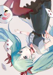  1girl absurdres ace_(playing_card) ace_of_hearts aqua_eyes aqua_hair black_bow blue_dress blurry bow card choker clown_mask club_(shape) collared_dress commentary cross-laced_clothes cross-laced_dress dress feet_out_of_frame floating floating_hair floating_object grey_background hair_ribbon hatsune_miku heart highres karakuri_pierrot_(vocaloid) long_hair looking_at_viewer mask miyononon pantyhose parted_lips petticoat playing_card red_choker red_pantyhose red_ribbon ribbon short_sleeves simple_background solo twintails upside-down v-neck very_long_hair vocaloid waist_bow wristband 
