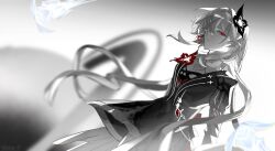  1girl chinese_commentary closed_mouth commentary evernight_(honkai:_star_rail) flower hair_flower hair_ornament hair_over_one_eye highres honkai:_star_rail honkai_(series) long_sleeves march_7th_(honkai:_star_rail) red_eyes red_flower solo spot_color yangyu348787 