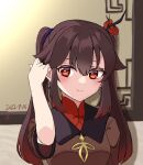  1girl blush brown_hair chinese_clothes earrings flower genshin_impact hair_flower hair_ornament half-closed_eyes hand_in_own_hair highres hu_tao_(genshin_impact) jewelry long_sleeves looking_to_the_side nanana1218 smile symbol-shaped_pupils twintails upper_body wall 