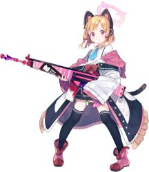  1girl animal_charm animal_ear_headphones animal_ears battle_rifle black_skirt black_thighhighs blonde_hair blue_archive blue_necktie blush boots bow bowtie buttons cat_ear_headphones cat_ears cat_tail charm_(object) closed_mouth coat collared_shirt english_text fake_animal_ears fake_tail flat_chest frilled_coat frilled_skirt frills full_body fur_boots game_asset gun h&amp;k_g3 hair_bow halo happy headphones highres hiyo_kiki holding holding_gun holding_weapon large_variant_set legs_apart light_blush long_sleeves looking_at_viewer miniskirt momoi_(blue_archive) multicolored_coat necktie off_shoulder official_art open_clothes open_coat pigeon-toed pink_boots pink_halo pleated_skirt red_bow red_bowtie red_eyes rifle shirt short_hair short_necktie sidelocks simple_background skirt smile solo standing suspender_skirt suspenders tachi-e tail thigh-highs third-party_source transparent_background two-handed v-shaped_eyebrows variant_set weapon weapon_charm white_shirt wide-eyed wide_sleeves 