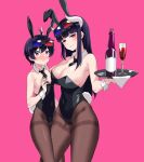  1boy 1girl 3d_glasses absurdres alcohol animal_ears black_hair black_leotard blush bottle breasts brown_pantyhose champagne_flute covered_navel cup detached_collar drinking_glass eyewear_on_head fake_animal_ears fake_tail glasses highleg highleg_leotard highres jamee_(action845) large_breasts leotard looking_at_viewer male_playboy_bunny otoko_no_ko oversized_breast_cup pantyhose playboy_bunny rabbit_ears rabbit_tail red_eyes strapless strapless_leotard tail thighband_pantyhose tray wine wine_bottle wine_glass wrist_cuffs 