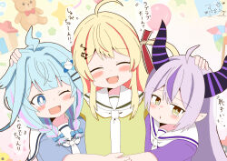  3girls :d ;d ^_^ ahoge ball black_horns blonde_hair blue_bow blue_hair blue_shirt blush bow braid bright_pupils child children's_day closed_eyes commentary_request cuddling curled_horns demon_girl demon_horns dot_nose fang girl_sandwich green_shirt hair_bow hair_flaps hair_intakes hand_on_another's_head headpat highres hololive hololive_dev_is horns la+_darknesss lightning_ahoge low_twin_braids miki_sanae mizumiya_su multicolored_hair multiple_girls necktie one_eye_closed open_mouth otonose_kanade pink_streaks purple_hair purple_shirt purple_streaks rubber_duck sailor_collar sailor_shirt sandwiched shirt short_sleeves single_hair_streak smile star_(symbol) streaked_hair striped_horns stuffed_animal stuffed_toy talking teddy_bear translation_request twin_braids virtual_youtuber white_necktie white_pupils white_sailor_collar yellow_background 