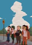  4boys bag black_hair black_shirt blonde_hair bus_stop child clouds cloudy_sky commentary_request day denim eric_cartman food full_body hair_over_one_eye hat highres jeans kenny_mccormick kyle_broflovski male_child male_focus mountainous_horizon multiple_boys open_mouth pants plump popsicle road road_sign school_bag shirt short_hair sign sky south_park stan_marsh sweat sweating_profusely white_shirt yukaonanii 