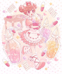  1girl :d apron blush bow bow_earrings checklist collared_dress commentary_request dot_nose double_bun dress earrings floating floating_object flower_symbol frilled_apron frilled_dress frilled_wristband frills fuka_(f_uka_1021) full_body glass_bottle gradient_background hair_bun hair_ribbon hat heart highres holding holding_pill jewelry leg_warmers looking_at_viewer nurse_cap open_mouth original outline oversized_object paper pill pink_background pink_bow pink_dress pink_eyes pink_hair pink_shoes polka_dot polka_dot_background puffy_short_sleeves puffy_sleeves raised_eyebrows red_ribbon ribbon running shoes short_hair short_sleeves smile solo sparkle star_(symbol) swept_bangs table watermark white_apron white_background white_leg_warmers white_outline wrist_bow yellow_background 