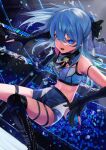  1girl blue_eyes blue_hair blue_nails boots crop_top elbow_gloves gloves hair_ribbon highres hololive hoshimachi_suisei long_hair midriff nail_polish navel open_mouth partially_fingerless_gloves ribbon shorts solo virtual_youtuber yellow_takano 