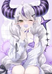  1girl absurdres ahoge alternate_costume bandaid bandaid_on_shoulder between_legs blush braid collar commentary_request frilled_collar frilled_pillow frills grey_hair hair_ornament hand_between_own_legs highres hololive horns huge_horns jacket kochitora_9 la+_darknesss long_hair long_sleeves looking_at_viewer multicolored_hair nail_polish off_shoulder one_eye_closed pacifier pillow pointy_ears pom_pom_(clothes) purple_nails purple_streaks sitting sleepy sleeve_ribbon solo streaked_hair striped_horns tail twin_braids very_long_hair virtual_youtuber white_jacket wing_hair_ornament yellow_eyes 