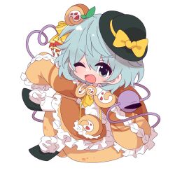  1girl :d ;d alternate_costume blush bow chibi chibi_only commentary_request disembodied_linked_eye eyeball food-themed_clothes food-themed_hair_ornament food_request frilled_sleeves frills green_eyes green_hair green_hat hair_ornament hat hat_bow heart heart_of_string highres komeiji_koishi long_sleeves looking_at_viewer medium_hair one_eye_closed open_mouth orange_skirt skirt sleeves_past_fingers sleeves_past_wrists smile soesoe300 solo touhou 