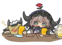  1boy 1girl arknights banbon beer_mug black_gloves blush brown_hair chibi commentary cow_girl cow_horns cup demon_boy demon_horns drunk flower flower_on_head gloves green_eyes horns looking_at_another mask mug pallas_(arknights) rose sarkaz_bodyguard_(arknights) table white_background white_hair 
